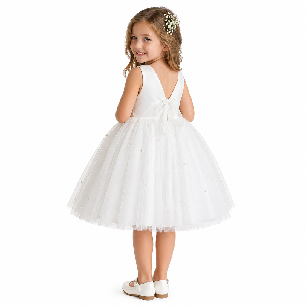 Back view of elegant white Flower Girl Dress with tulle skirt image 1